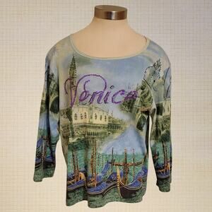1990s Artsy Beaded Venice Graphic Cotton 3/4 Sleeve Top Petite XL Take Two Brand